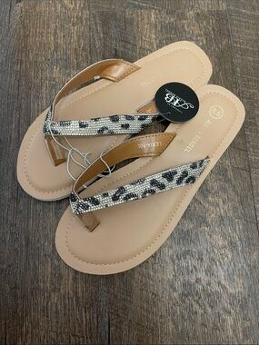 Beige Leopard-Print Beaded Flip Flop Sandals